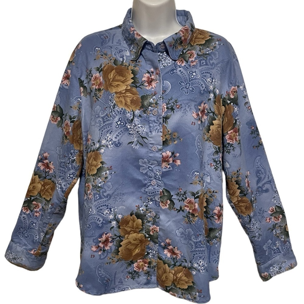 Lemon Grass vintage womens Long Sleeve button down floral top blue